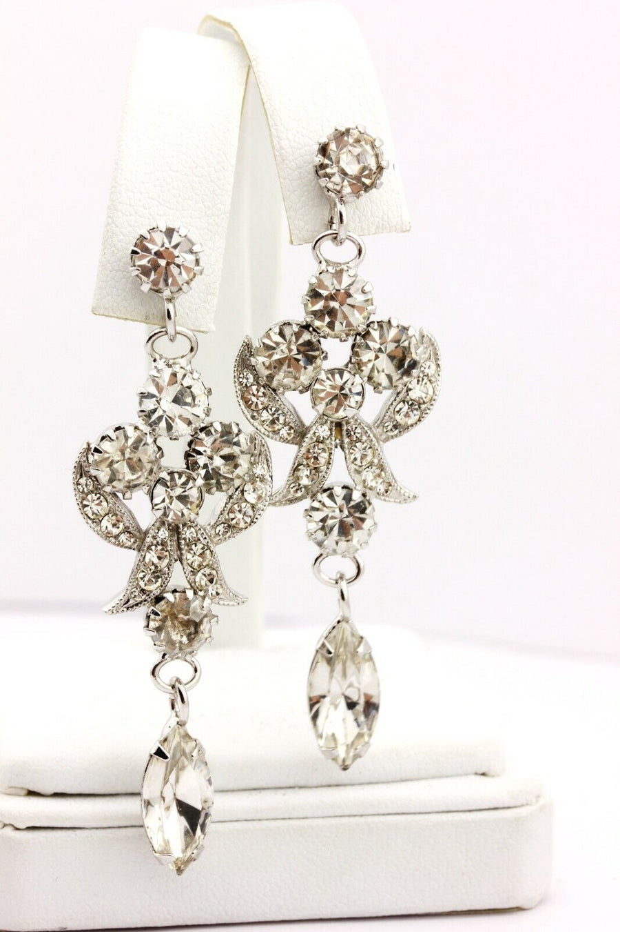 costume fashion white rhinestone drop dangle stud earrings 11g 2.25 inch estate