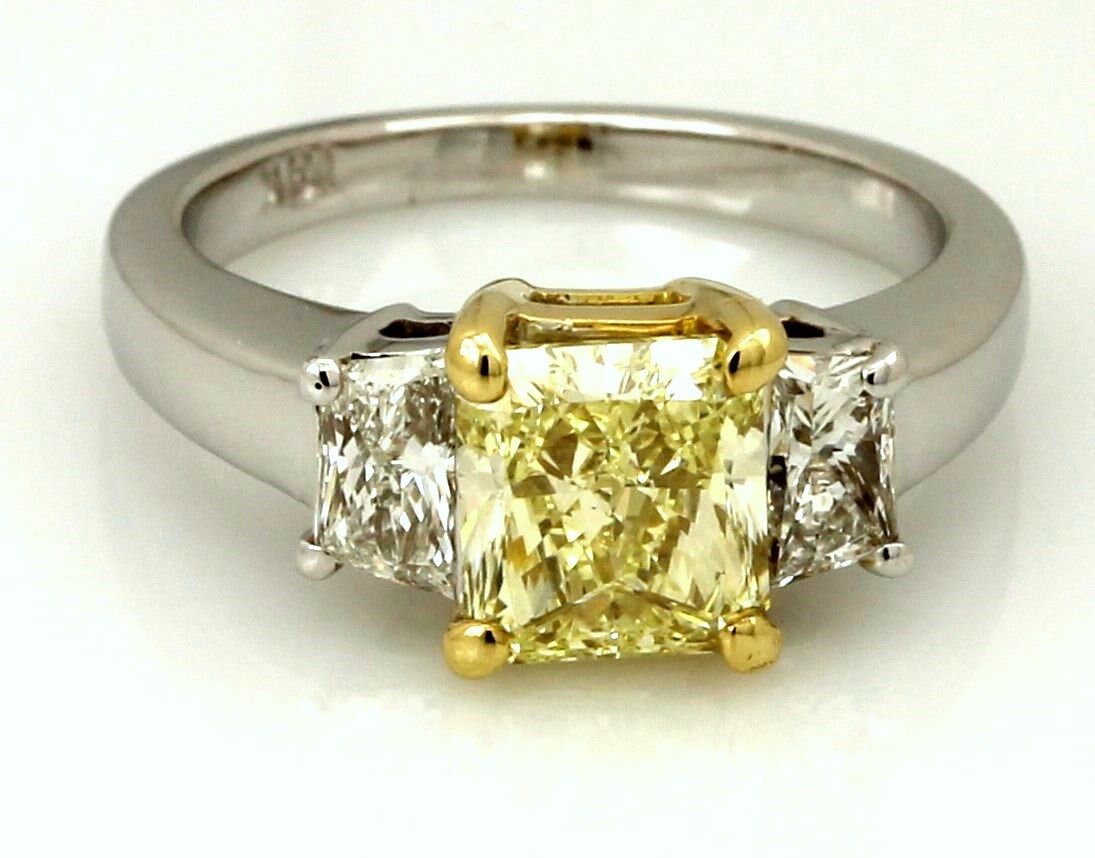 GIA fancy 1.59ct yellow radiant diamond  trapezoid 18kwg 3 stone engagement ring