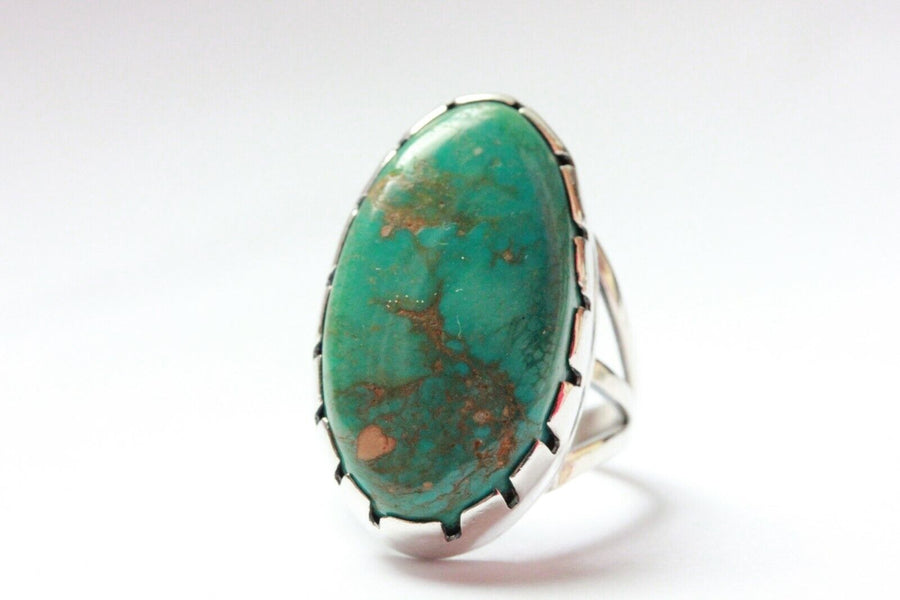 silver ring natural turquoise 1965 23x14mm oval cabochon 6.7g size 4 vintage