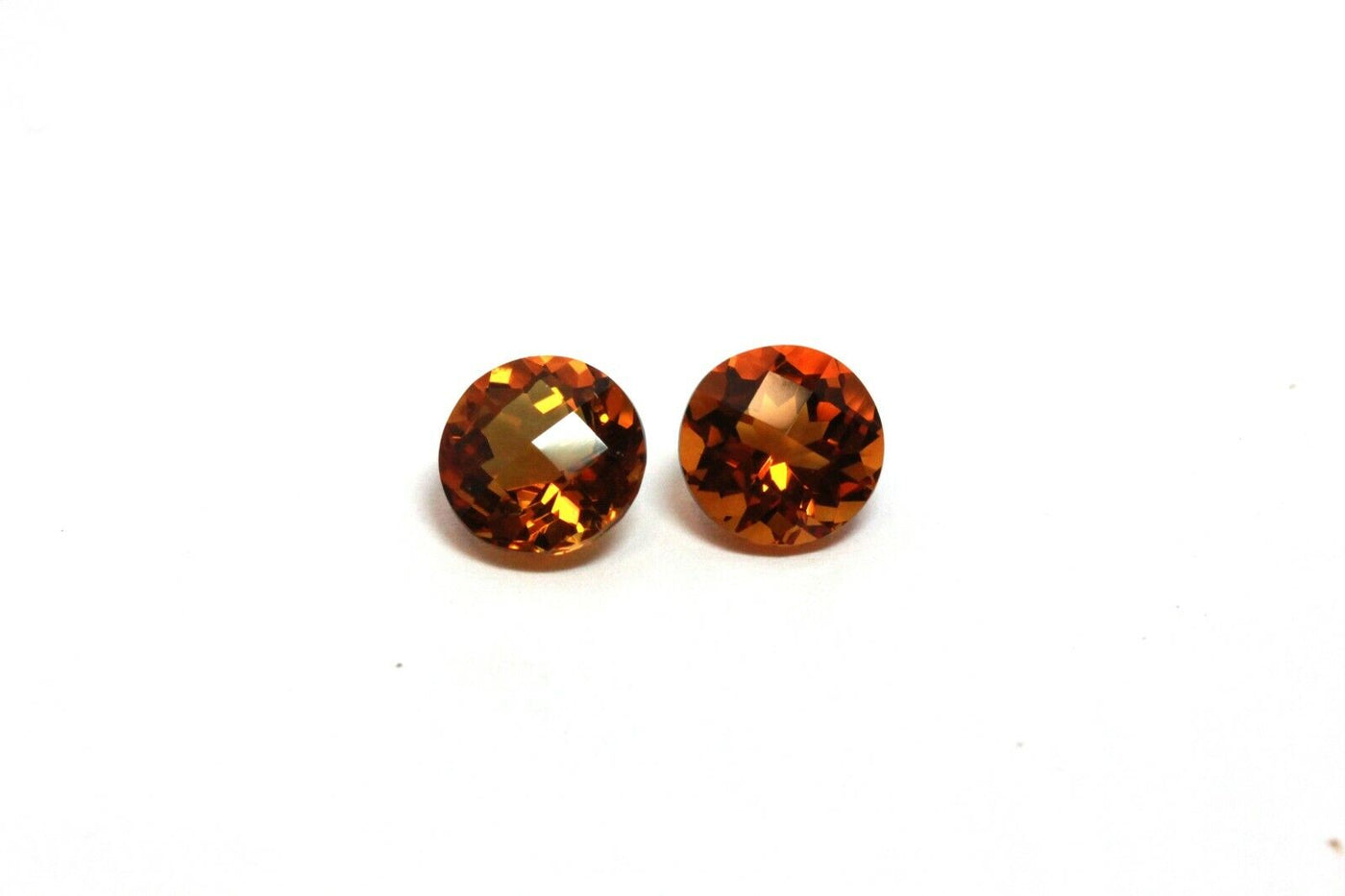 matched pair orange citrine round brilliant checkerboard top 3.24ctw 7.65x5.36mm