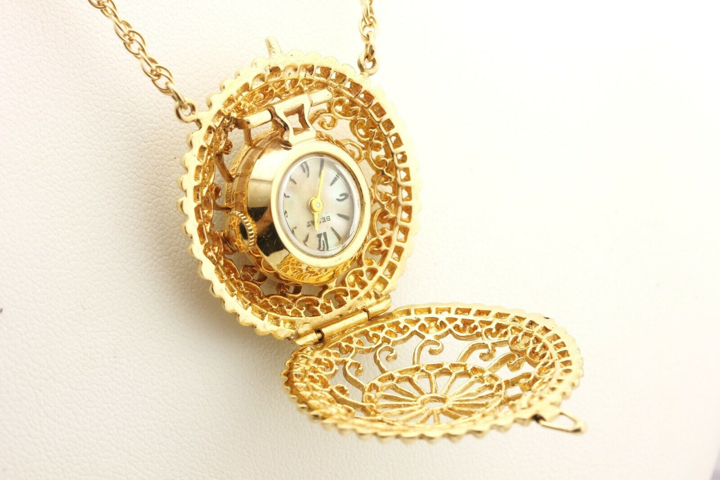 14k yellow gold BENAT mother of pearl watch locket necklace chain 24 inch 31.11g