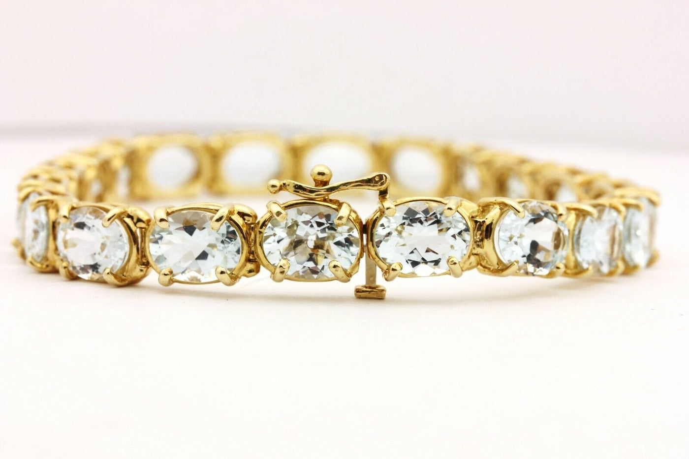 14k yellow gold 32ctw blue oval aquamarine tennis bracelet 8 inch 26.5g estate