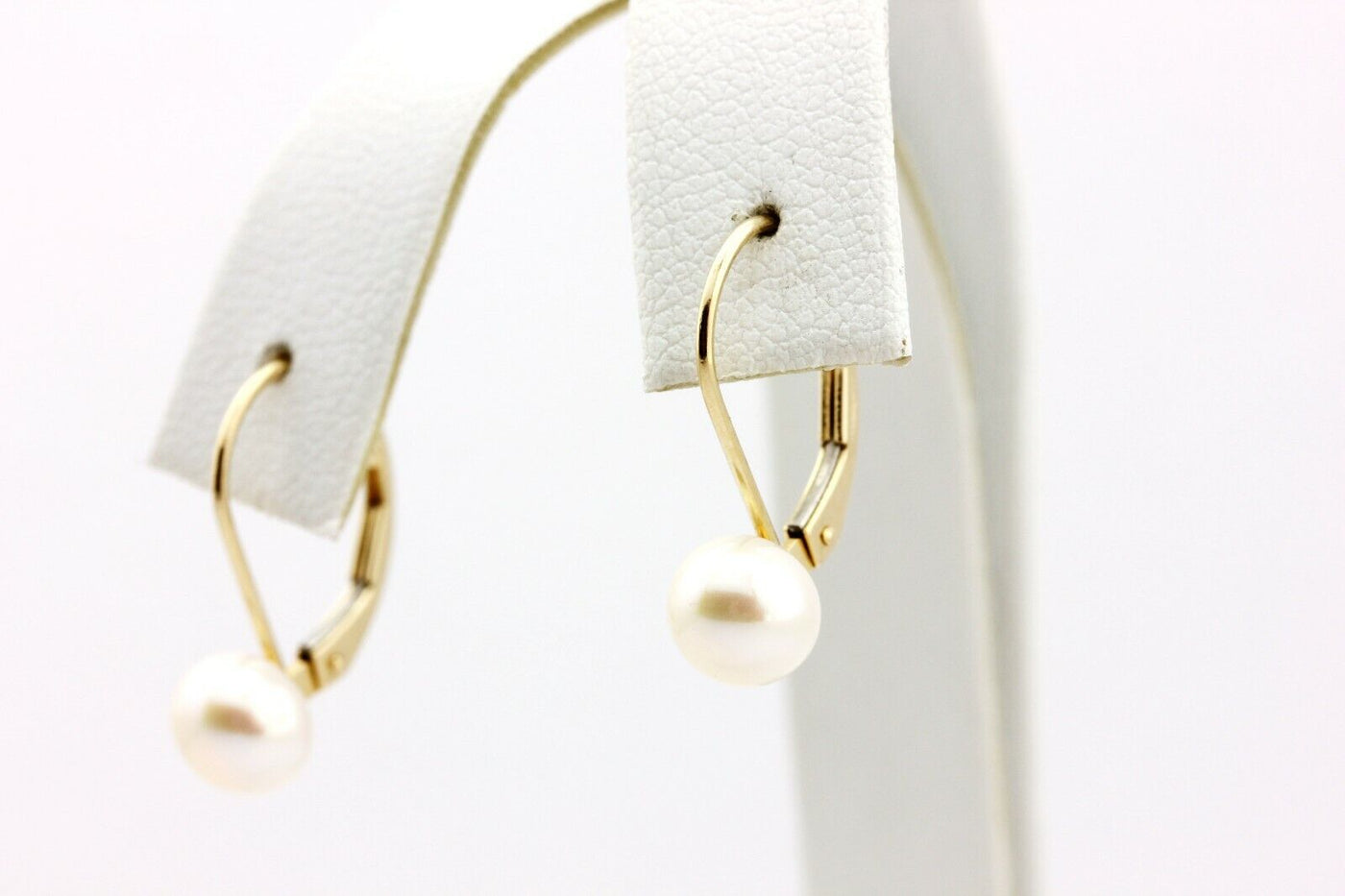 14k yellow gold 6.5mm round white freshwater pearl leverback dangledrop earrings