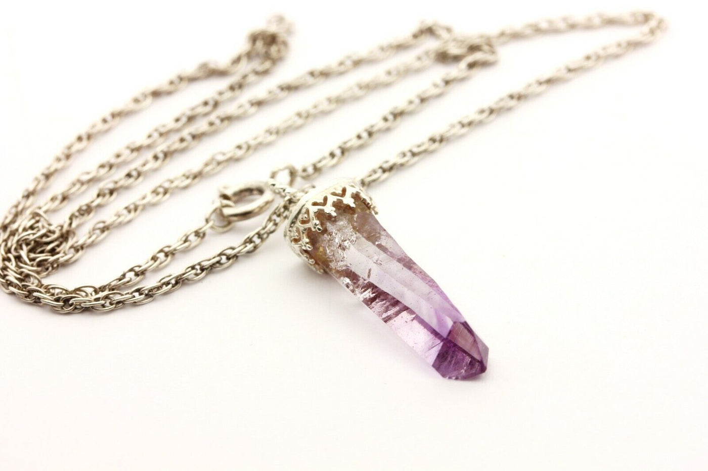 sterling silver 925 18 inch rope chain amethyst crystal pendant necklace 6.4g