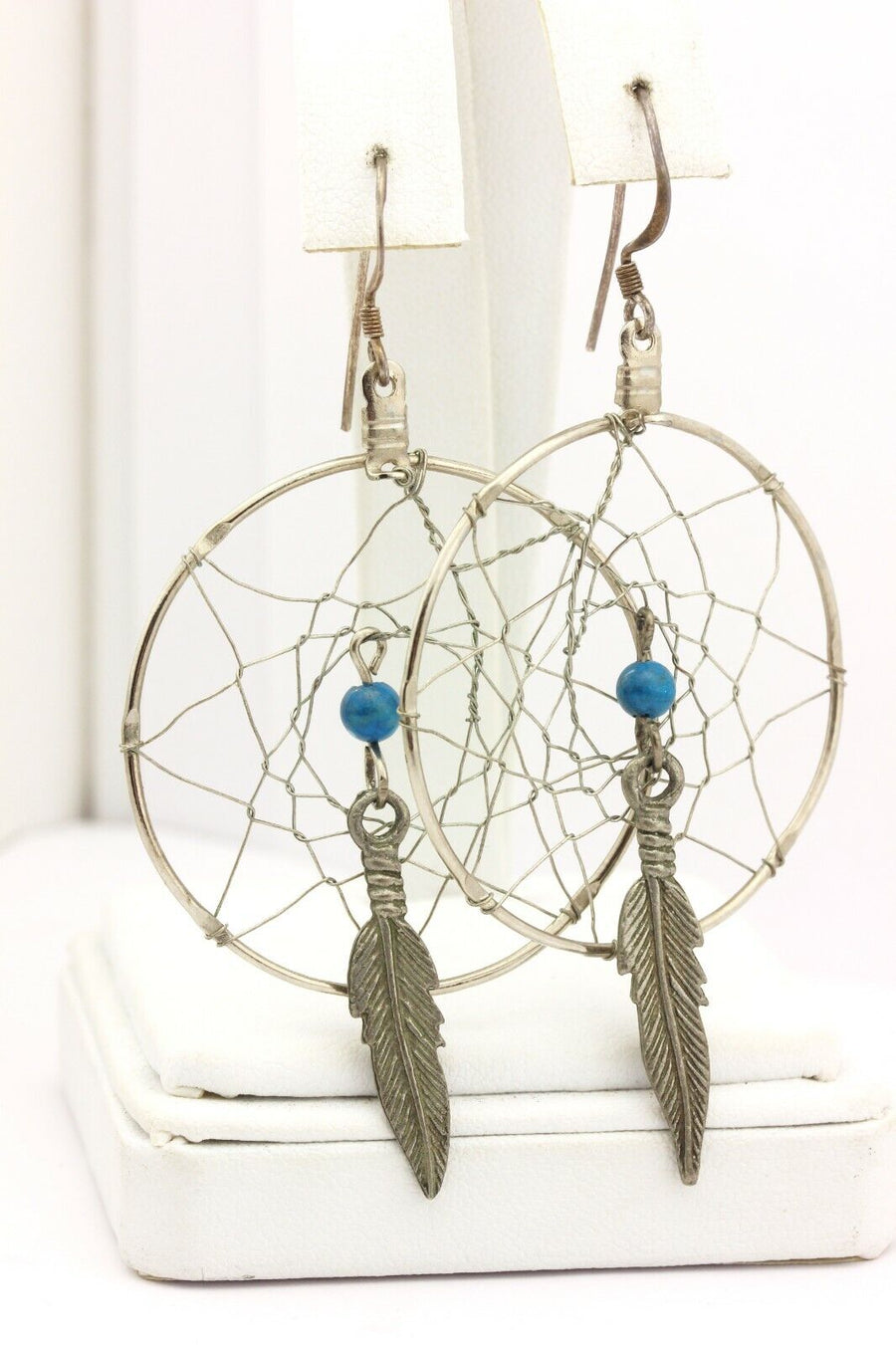 silver dream catcher hook earrings 3 inch drop dangle 4.82g vintage blue stone