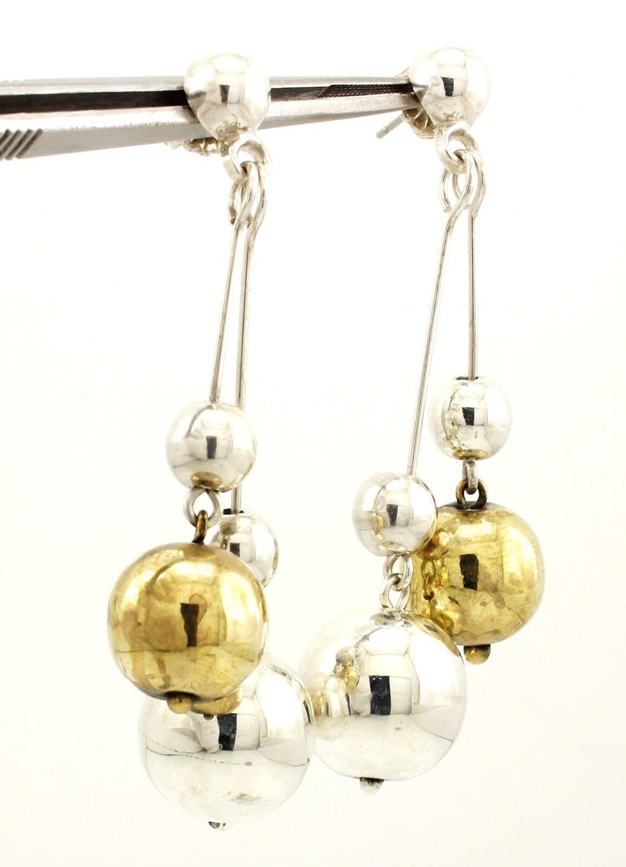 vintage estate silver brass balls dangle drop pierced earrings 2.75 inch 18.84g