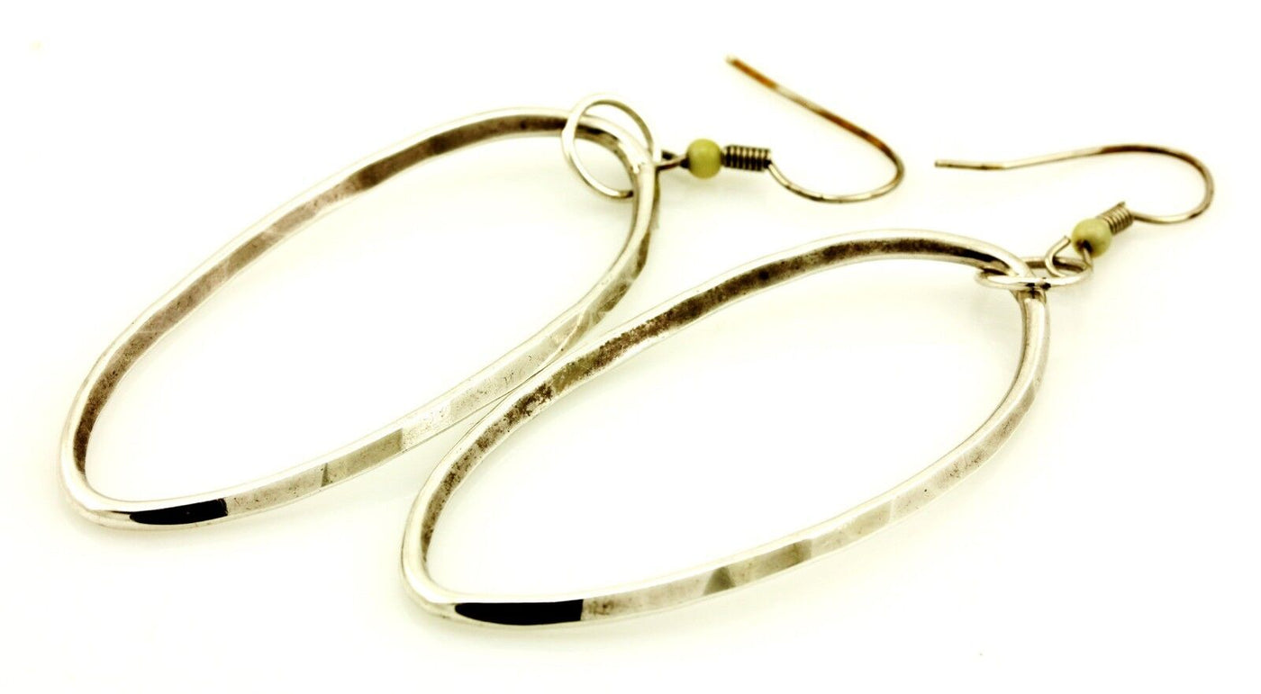 sterling silver 3 inch oval dangle drop hook earrings hammered vintage 9.14g