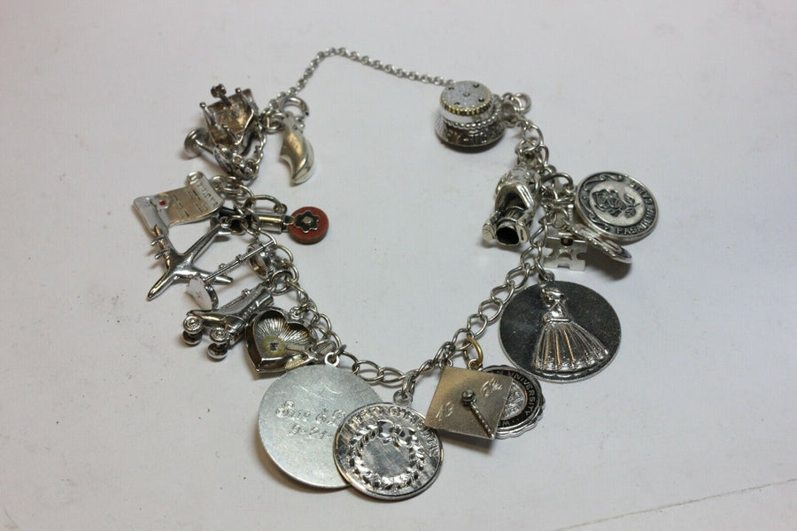 sterling silver 7 inch charm bracelet chain 21 charms estate vintage 45.46g