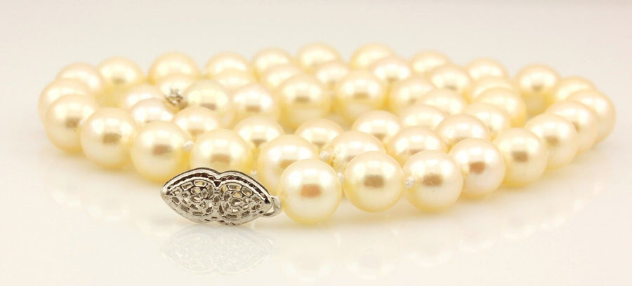 16" cultured pearl necklace 7-7.5mm round cream 14k white gold heart clasp NEW