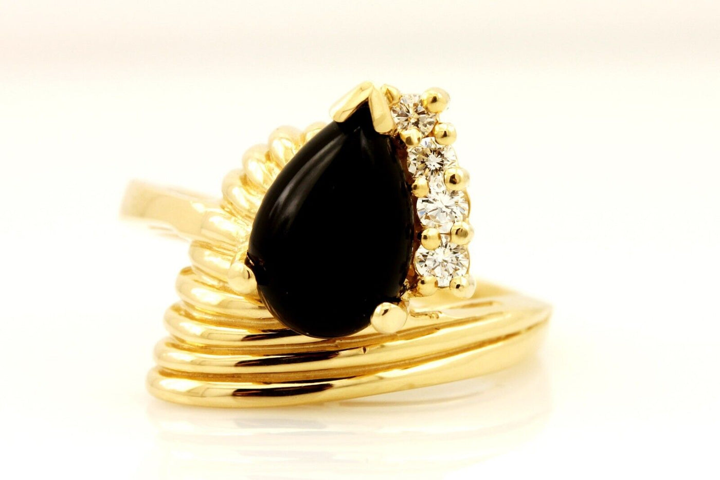 14k yellow gold stuller 1967 round diamond 11x7 mm pear cabochon onyx ring sz5.5