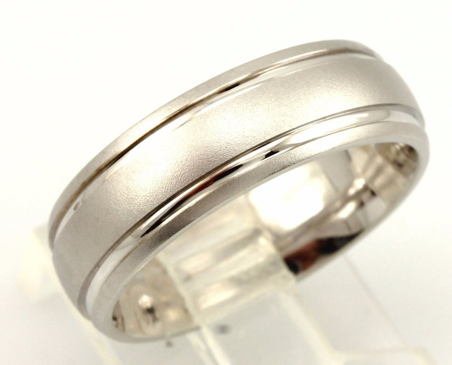 14k white gold Men's 6.65mm wedding band sand blast polish inner lines sz8.5